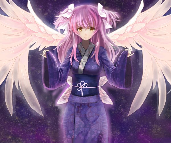 Anime picture 1800x1503 with mahou shoujo madoka magica shaft (studio) kaname madoka goddess madoka wenhe single long hair looking at viewer highres smile yellow eyes pink hair traditional clothes japanese clothes two side up girl bow hair bow wings kimono