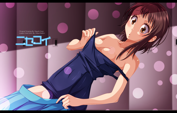 Anime picture 2024x1295 with nisekoi shaft (studio) onodera kosaki hikarinogiri single long hair blush highres light erotic brown hair bare shoulders brown eyes pleated skirt :o coloring hieroglyph undressing girl skirt swimsuit