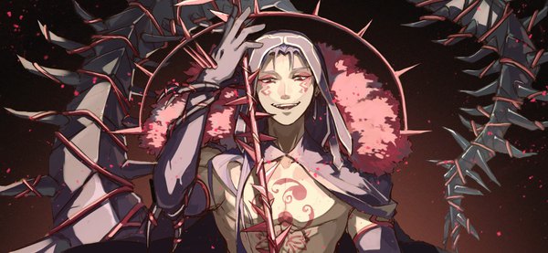 Anime picture 1606x744 with fate (series) fate/grand order cu chulainn (fate) cu chulainn alter (fate/grand order) minazuki aki single long hair looking at viewer open mouth smile red eyes wide image purple hair upper body arm up teeth tattoo fur trim dark background low ponytail