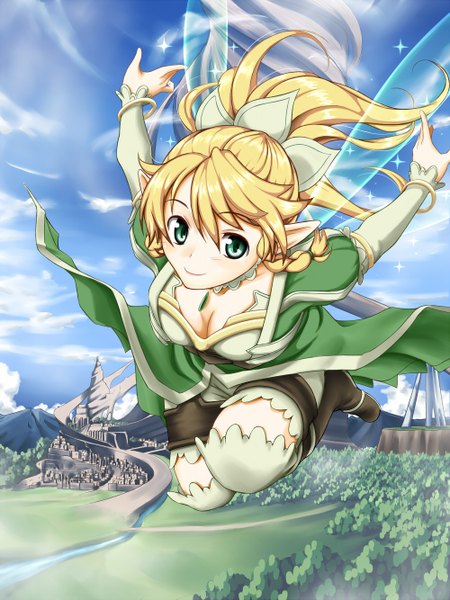 Anime picture 1000x1333 with sword art online a-1 pictures leafa meke (ugeyameke) single long hair tall image looking at viewer blue eyes blonde hair cloud (clouds) ponytail pointy ears mountain flying girl dress wings