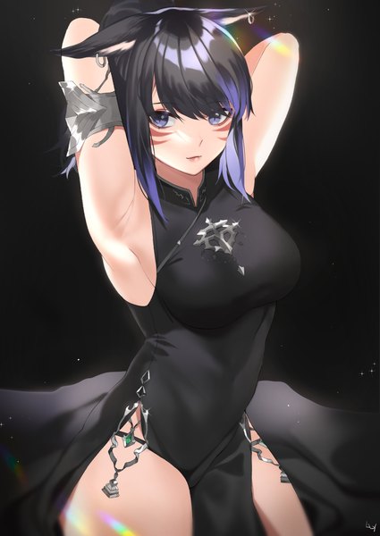 Anime picture 1779x2509 with final fantasy final fantasy xiv square enix miqo'te lilycious single tall image looking at viewer fringe highres short hair breasts blue eyes black hair simple background standing animal ears payot traditional clothes multicolored hair
