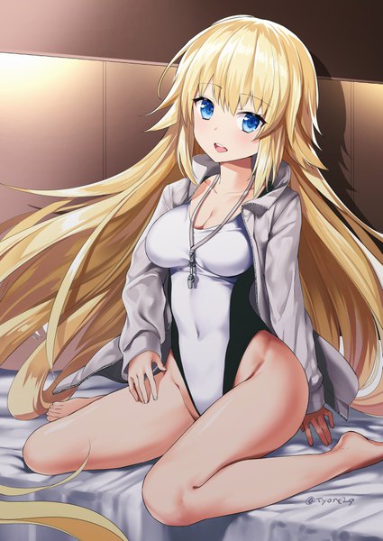 Anime picture 724x1023 with fate (series) fate/grand order jeanne d'arc (fate) (all) jeanne d'arc (swimsuit archer) tyone single tall image looking at viewer blush fringe breasts open mouth blue eyes light erotic blonde hair hair between eyes sitting signed payot cleavage