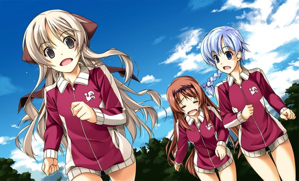 Anime picture 1205x731 with shikei long hair open mouth blue eyes blonde hair brown hair wide image multiple girls blue hair sky cloud (clouds) braid (braids) grey eyes single braid running = = girl ribbon (ribbons) bow hair bow