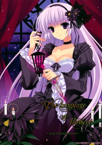 Anime picture 2471x3500 with suzuhira hiro single long hair tall image highres purple eyes purple hair hair flower girl dress hair ornament flower (flowers) window hairband blood knife candle (candles)