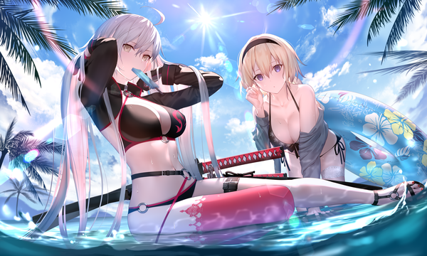 Anime picture 3000x1800 with fate (series) fate/grand order jeanne d'arc (fate) (all) jeanne d'arc alter (fate) jeanne d'arc alter (swimsuit berserker) (fate) jeanne d'arc (swimsuit archer) mashima saki (mashimasa) looking at viewer blush fringe highres breasts light erotic blonde hair hair between eyes wide image large breasts sitting purple eyes bare shoulders