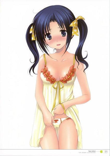 Anime picture 2873x4087 with original azuma yuki single long hair tall image blush highres breasts open mouth blue eyes light erotic black hair simple background white background twintails bare shoulders light smile scan no bra underwear only