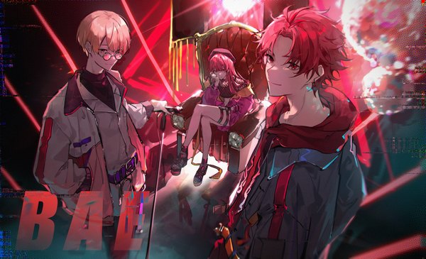 Anime picture 4916x2991 with paradox live faulkner anne yeon hajun sugasano allen migan long hair looking at viewer highres short hair blonde hair red eyes wide image sitting absurdres red hair inscription open jacket multiple boys bare legs crossed legs