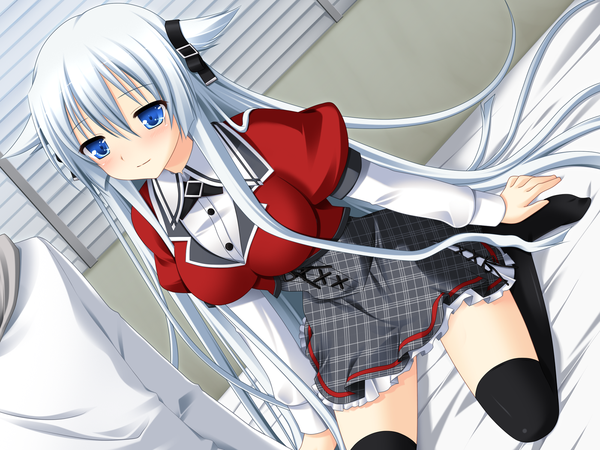 Anime picture 1600x1200 with bloody rondo (game) lynette vance makita maki long hair blue eyes game cg silver hair two side up girl thighhighs uniform black thighhighs school uniform bed