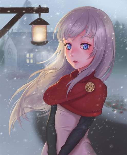 Anime picture 825x1000 with original eliskalti single tall image fringe blue eyes silver hair lips snowing winter exhalation girl building (buildings) lantern clothes house lamppost