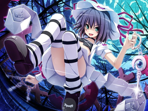 Anime picture 1200x900 with yumekui merry merry nightmare akashio (loli ace) single short hair light erotic brown hair green eyes teeth fang (fangs) girl thighhighs striped thighhighs key
