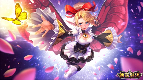 Anime picture 2000x1128 with arena of valor krixi (arena of valor) single long hair looking at viewer highres breasts blue eyes blonde hair wide image long sleeves pointy ears wide sleeves official art flying insect wings butterfly wings logo girl thighhighs