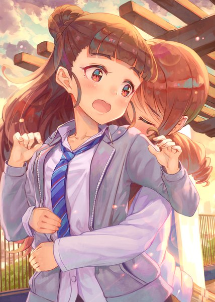 Anime picture 744x1044 with idolmaster idolmaster cinderella girls houjou karen kamiya nao terumii long hair tall image blush open mouth red eyes brown hair multiple girls looking away sky cloud (clouds) upper body outdoors braid (braids) eyes closed open jacket