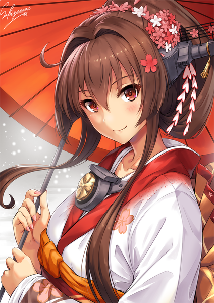 Anime picture 800x1131 with kantai collection yamato super battleship sakiyamama single long hair tall image looking at viewer blush fringe smile hair between eyes red eyes brown hair standing holding signed upper body nail polish traditional clothes japanese clothes