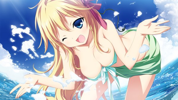 Anime picture 1280x720 with material brave giga ougi kanae kikuchi seiji long hair open mouth blue eyes light erotic blonde hair wide image game cg one eye closed wink girl swimsuit bikini water