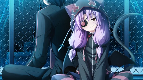 Anime picture 1024x576 with soukoku no arterial long hair blush wide image yellow eyes game cg purple hair girl thighhighs boy hood eyepatch striped thighhighs