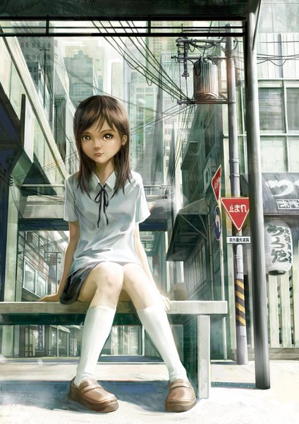 Anime picture 1500x2122 with original feigiap single long hair tall image brown hair sitting brown eyes realistic city girl uniform school uniform building (buildings) knee socks wire (wires) traffic sign