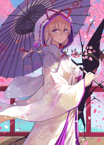 Anime picture 2255x3141 with touhou yakumo yukari stflash single long hair tall image looking at viewer fringe highres breasts smile purple eyes holding traditional clothes japanese clothes wind sunlight wide sleeves alternate costume cherry blossoms