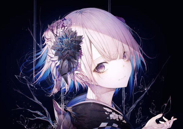Anime picture 4096x2892 with original hito komoru single looking at viewer fringe highres short hair purple eyes pink hair absurdres blunt bangs traditional clothes head tilt japanese clothes hair flower hair over one eye floral print portrait dark background face