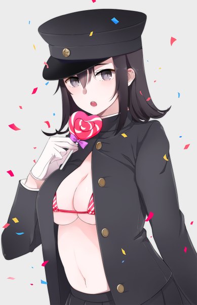 Anime picture 972x1500 with kantai collection akitsumaru dock landing ship oniku (oishii oniku) tall image looking at viewer blush breasts open mouth light erotic black hair simple background hair between eyes large breasts black eyes grey background gloves uniform food white gloves sweets