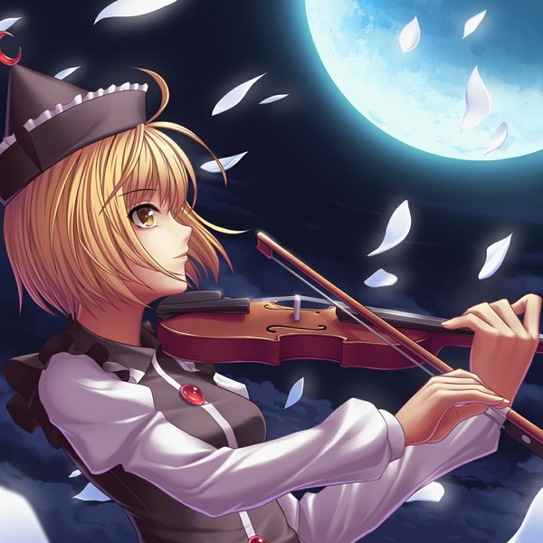 Anime picture 1120x1120 with touhou lunasa prismriver athrun1120 single short hair blonde hair yellow eyes girl petals moon violin bow (instrument)