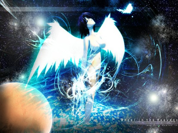Anime picture 1024x768 with ninja (ninji) single short hair breasts black hair large breasts eyes closed third-party edit white wings space girl wings planet