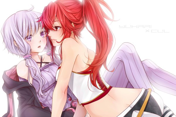 Anime picture 2500x1666 with vocaloid yuzuki yukari cul masami chie long hair blush fringe highres breasts light erotic red eyes purple eyes twintails bare shoulders multiple girls purple hair ass ponytail red hair lips