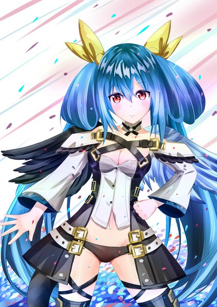 Anime picture 1240x1754 with guilty gear dizzy (guilty gear) lichdonkey single tall image blush breasts light erotic red eyes large breasts standing twintails bare shoulders blue hair looking away cleavage very long hair head tilt light smile wide sleeves