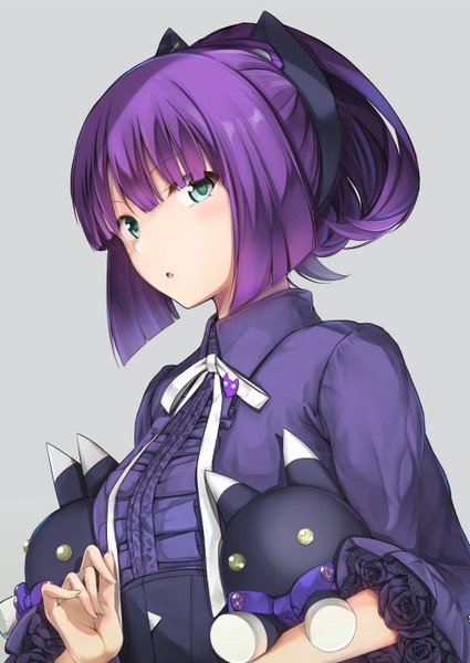 Anime picture 1002x1416 with girls frontline carcano m91/38 (girls frontline) izuki (toneya) single tall image looking at viewer blush fringe short hair breasts open mouth simple background hair between eyes payot purple hair upper body ponytail blunt bangs aqua eyes grey background
