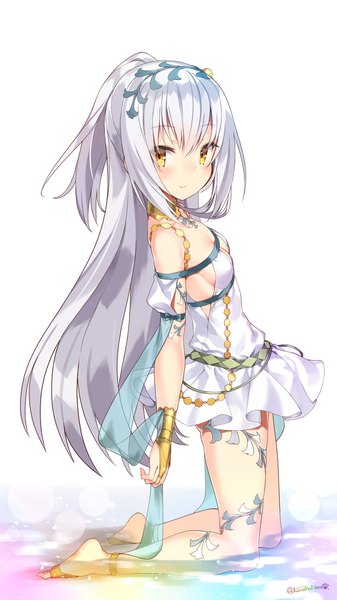 Anime picture 1080x1920 with flower knight girl shirotaegiku (flower knight girl) kuro chairo no neko single long hair tall image looking at viewer blush fringe breasts light erotic simple background smile hair between eyes white background bare shoulders signed yellow eyes payot silver hair