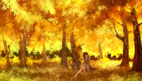 Anime picture 3900x2223 with touhou hakurei reimu madcocoon single long hair looking at viewer fringe highres smile brown hair wide image brown eyes absurdres bent knee (knees) traditional clothes barefoot wide sleeves bare legs legs miko