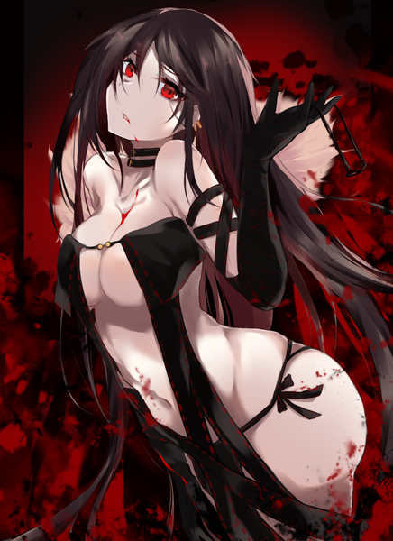 Anime picture 800x1100 with fate (series) fate/grand order yu mei-ren (fate) yuki maccha (yukimattya10) single long hair tall image looking at viewer fringe breasts light erotic hair between eyes red eyes brown hair large breasts bare shoulders holding head tilt fur trim piercing