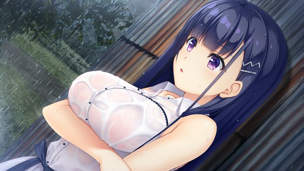 Anime picture 1280x720 with natural vacation hibiki works fujisaki haruka asami asami single long hair fringe breasts light erotic black hair wide image large breasts purple eyes bare shoulders looking away game cg rain wet clothes breast hold girl