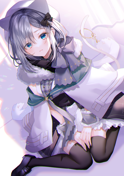 Anime picture 1000x1417 with virtual youtuber vspo! lupinus virtual games kaga sumire myusha single tall image looking at viewer short hair blue eyes sitting silver hair tail animal tail cat tail wariza girl thighhighs bow black thighhighs