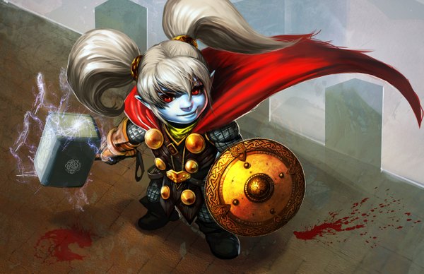 Anime picture 1275x825 with league of legends poppy (league of legends) orenji-kun single looking at viewer blonde hair smile red eyes twintails light smile girl gloves hair ornament weapon armor blood cloak shield hammer