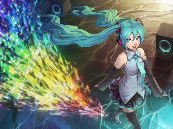 Anime picture 1280x960 with vocaloid hatsune miku long hair aqua eyes aqua hair zettai ryouiki girl water boots headphones microphone