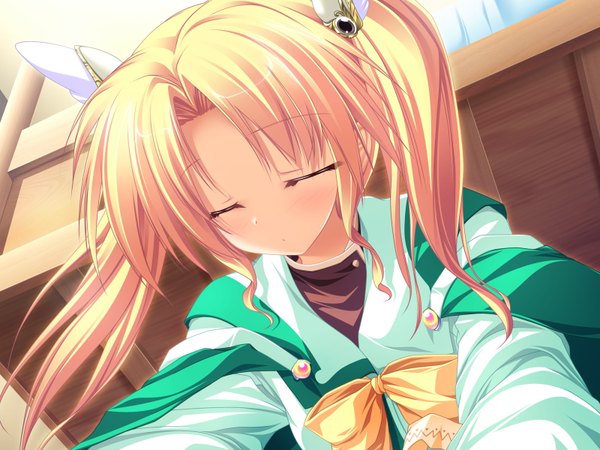 Anime picture 1600x1200 with magus tale whirlpool (studio) rena geminis tenmaso single long hair blush blonde hair twintails game cg eyes closed from below girl uniform hair ornament school uniform