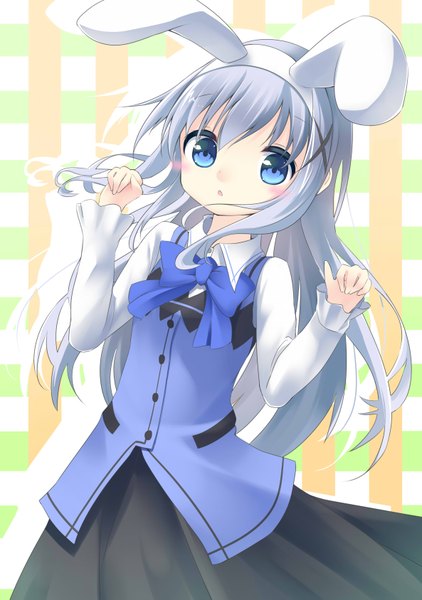 Anime picture 2370x3373 with gochuumon wa usagi desu ka? white fox kafuu chino makadamia single long hair tall image looking at viewer blush highres open mouth blue eyes animal ears purple hair bunny ears girl x hair ornament rabbit house uniform