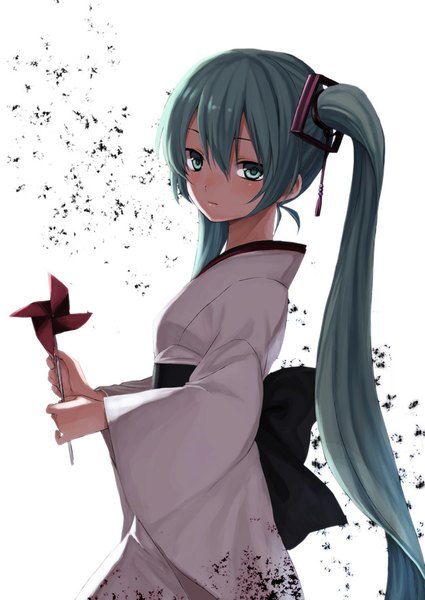Anime picture 627x886 with vocaloid hatsune miku midorikawa you single long hair tall image looking at viewer blush simple background white background twintails traditional clothes japanese clothes aqua eyes aqua hair girl kimono pinwheel