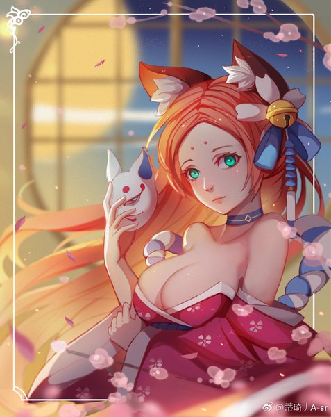 Anime picture 722x908 with original liuzexiong single long hair tall image looking at viewer blush breasts light erotic large breasts bare shoulders holding green eyes animal ears payot upper body indoors traditional clothes japanese clothes orange hair