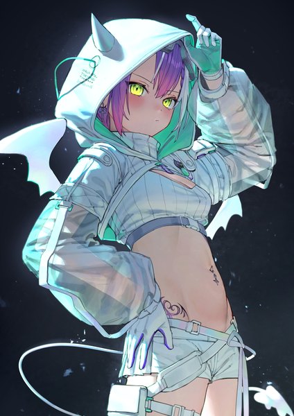 Anime picture 1850x2616 with virtual youtuber hololive tokoyami towa tokoyami towa (5th costume) mr.lime single tall image fringe highres short hair simple background standing green eyes looking away purple hair white hair tail multicolored hair horn (horns) two-tone hair