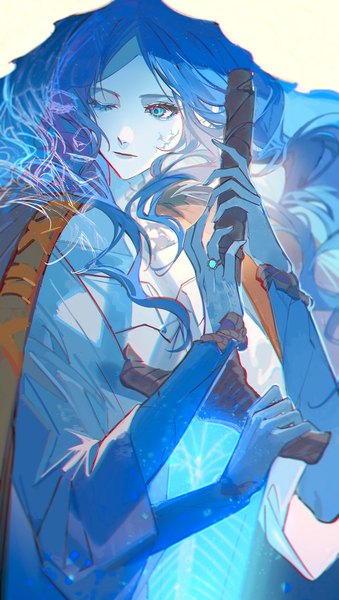 Anime picture 1130x2000 with elden ring ranni the witch satsuya single long hair tall image blue eyes holding blue hair looking away one eye closed blue skin extra arms girl weapon sword ring