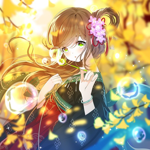 Anime picture 1000x1000 with original miemia single long hair looking at viewer blush fringe brown hair holding green eyes upper body traditional clothes parted lips japanese clothes hair flower wind sunlight blurry wide sleeves :o