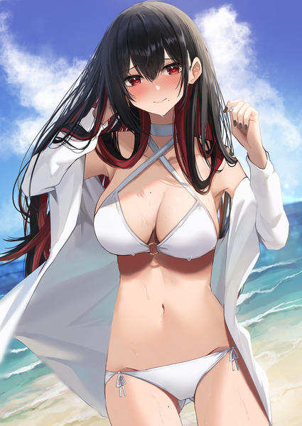 Anime picture 2508x3541 with original amane sora single long hair tall image looking at viewer blush fringe highres light erotic black hair hair between eyes red eyes standing sky cloud (clouds) outdoors nail polish head tilt multicolored hair