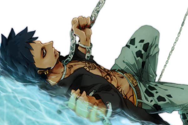 Anime picture 1200x800 with one piece toei animation trafalgar law lasvation single looking at viewer short hair black hair open jacket tattoo partially submerged piercing ear piercing boy jacket chain handcuffs