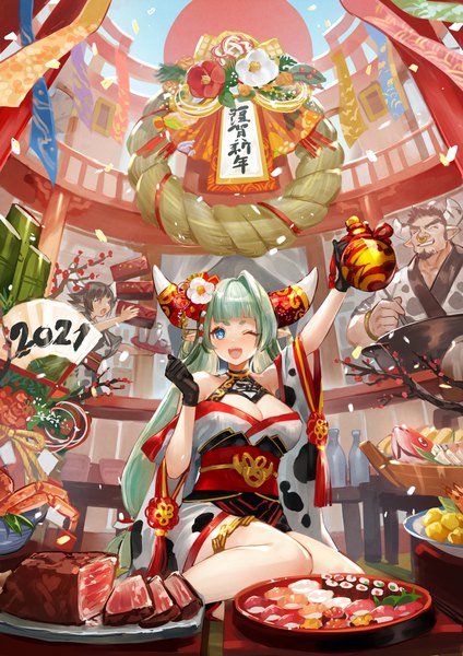 Anime-Bild 1200x1697 mit original nima (niru54) tall image looking at viewer breasts open mouth blue eyes light erotic large breasts traditional clothes japanese clothes arm up horn (horns) green hair ;d new year animal print 2021 nengajou cow print