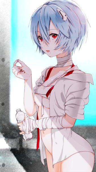 Anime picture 1000x1778 with neon genesis evangelion rebuild of evangelion evangelion: 2.0 you can (not) advance gainax ayanami rei yamada ranga single tall image looking at viewer fringe short hair breasts open mouth light erotic red eyes standing holding aqua hair open clothes open shirt