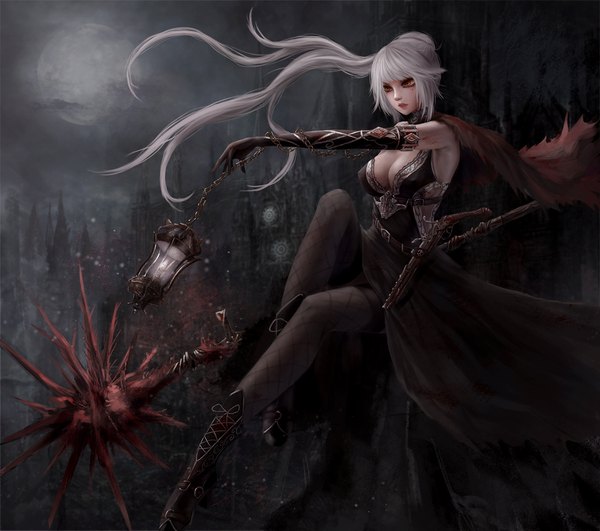 Anime picture 1800x1593 with bloodborne from software hunter (bloodborne) yuzuriha (artist) single long hair fringe highres breasts light erotic hair between eyes red eyes sitting bare shoulders holding payot looking away cleavage silver hair cloud (clouds)
