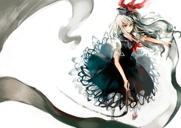 Anime picture 1000x707 with touhou kamishirasawa keine archlich single long hair red eyes white background white hair girl dress glasses paintbrush calligraphy brush scroll