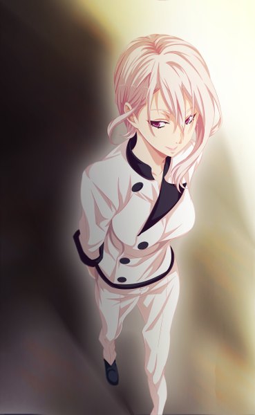 Anime picture 1500x2433 with shokugeki no soma j.c. staff nakiri alice fulbring single tall image fringe short hair breasts simple background hair between eyes large breasts purple eyes payot looking away pink hair light smile from above lips shadow