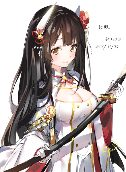 Anime picture 2720x3720 with azur lane hiei (azur lane) umibouzu (niito) single long hair tall image looking at viewer blush fringe highres breasts black hair simple background white background holding brown eyes cleavage upper body horn (horns) wide sleeves